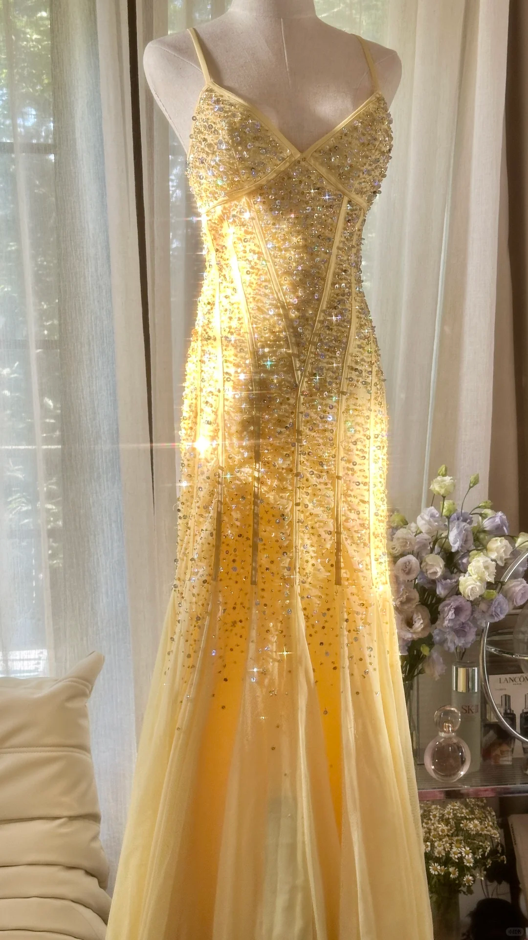 Light Yellow Mermaid Spaghetti Strap Sequin Beaded Chiffon Open Back Party Dress Evening Dress SH2934