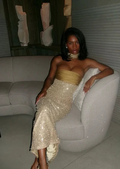 Shiny Sheath Strapless Long Yellow Sequin Satin Party Dresses Prom Dresses SH2898