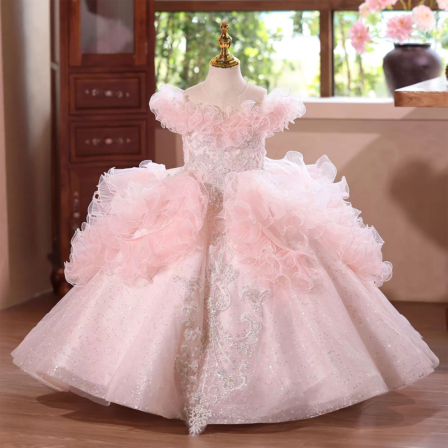 Luxury Pink Flower Girl Dress with Ruffles and Glitter Tulle D138