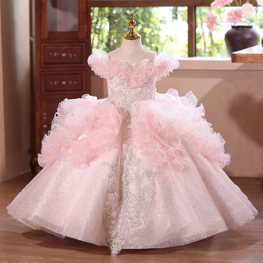Luxury Pink Flower Girl Dress with Ruffles and Glitter Tulle D138