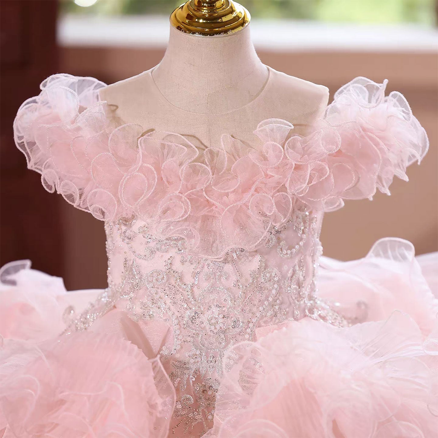 Luxury Pink Flower Girl Dress with Ruffles and Glitter Tulle D138