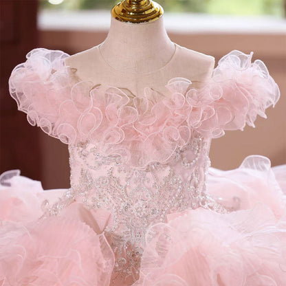 Luxury Pink Flower Girl Dress with Ruffles and Glitter Tulle D138