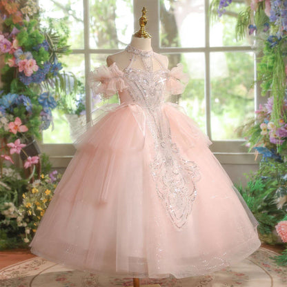 Elegant Off Shoulder Beaded Girl Dress Princess Birthday Pageant D327