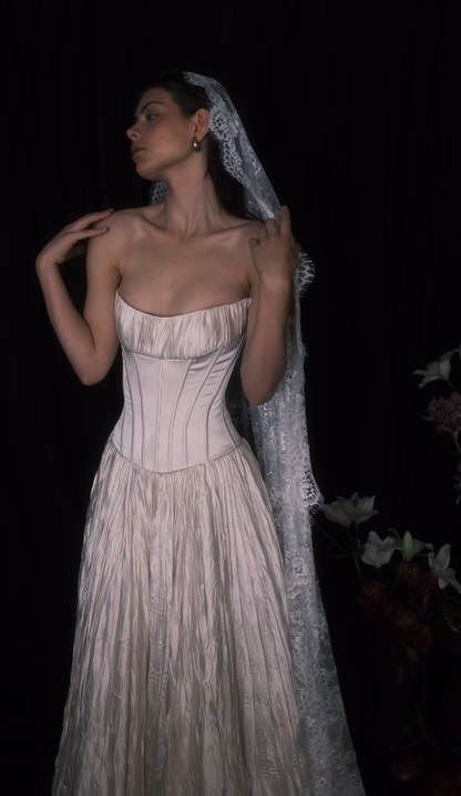 Elegant Ball Gown Strapless Corset Pleated Satin Prom Dress Wedding Dress SH4659