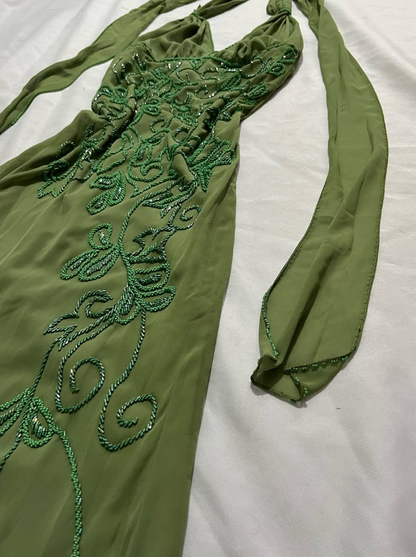 Vintage Sheath Halter Green Beaded Chiffon Open Back Evening Dress Party Dress SH2693