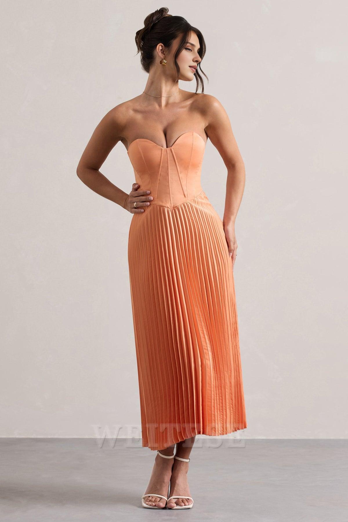 Dress Lemon Satin Corset Style Midi Dress Bridesmaid Dress Sweetheart Strapless A-line Pleated Prom Dress