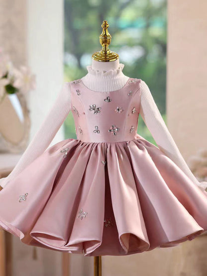 Charming Pink Satin Flower Girl Dress Knee-Length for Birthday D156