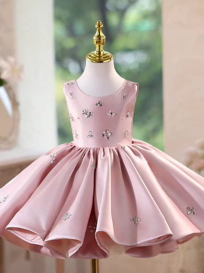 Charming Pink Satin Flower Girl Dress Knee-Length for Birthday D156