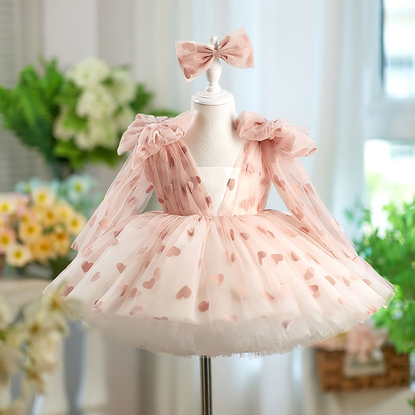 V-Neck Long Sleeve Tulle Flower Girl Dress with Bow D059