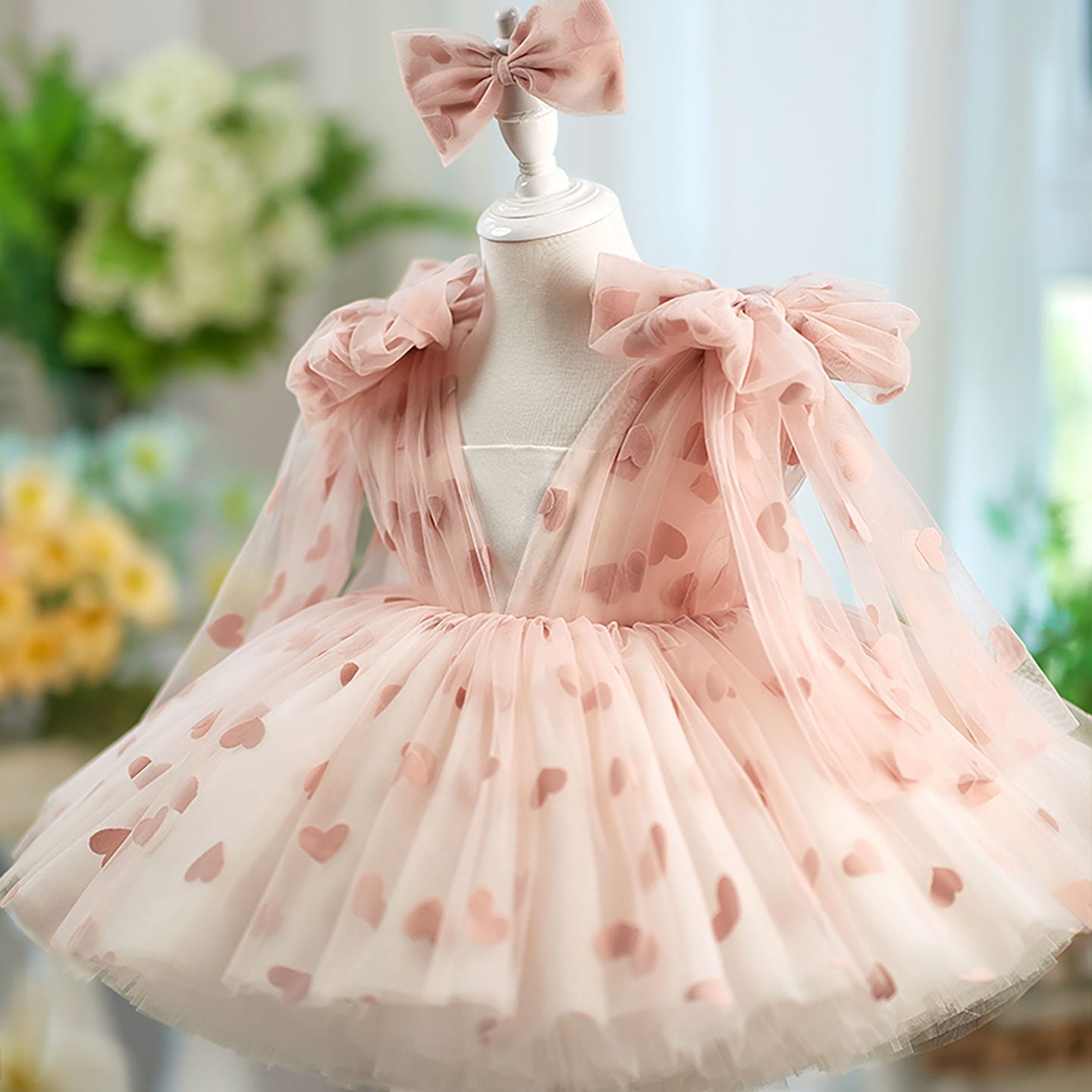 V-Neck Long Sleeve Tulle Flower Girl Dress with Bow D059