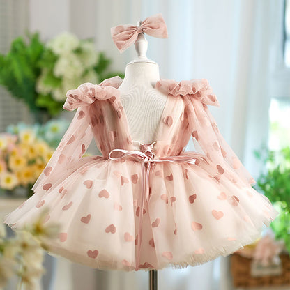 V-Neck Long Sleeve Tulle Flower Girl Dress with Bow D059