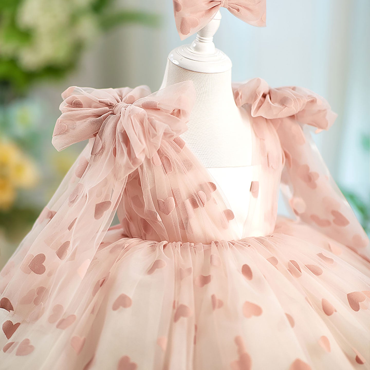 V-Neck Long Sleeve Tulle Flower Girl Dress with Bow D059