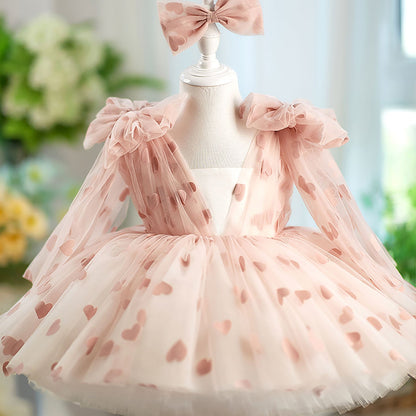 V-Neck Long Sleeve Tulle Flower Girl Dress with Bow D059