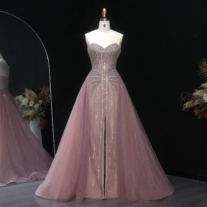 Strapless champagne evening dress with overskirt SS360