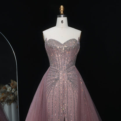 Strapless champagne evening dress with overskirt SS360
