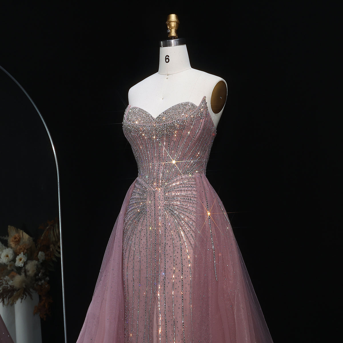 Strapless champagne evening dress with overskirt SS360