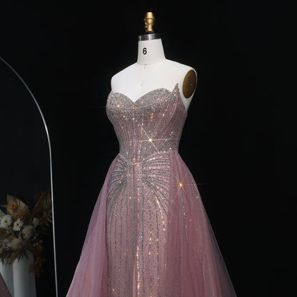 Strapless champagne evening dress with overskirt SS360