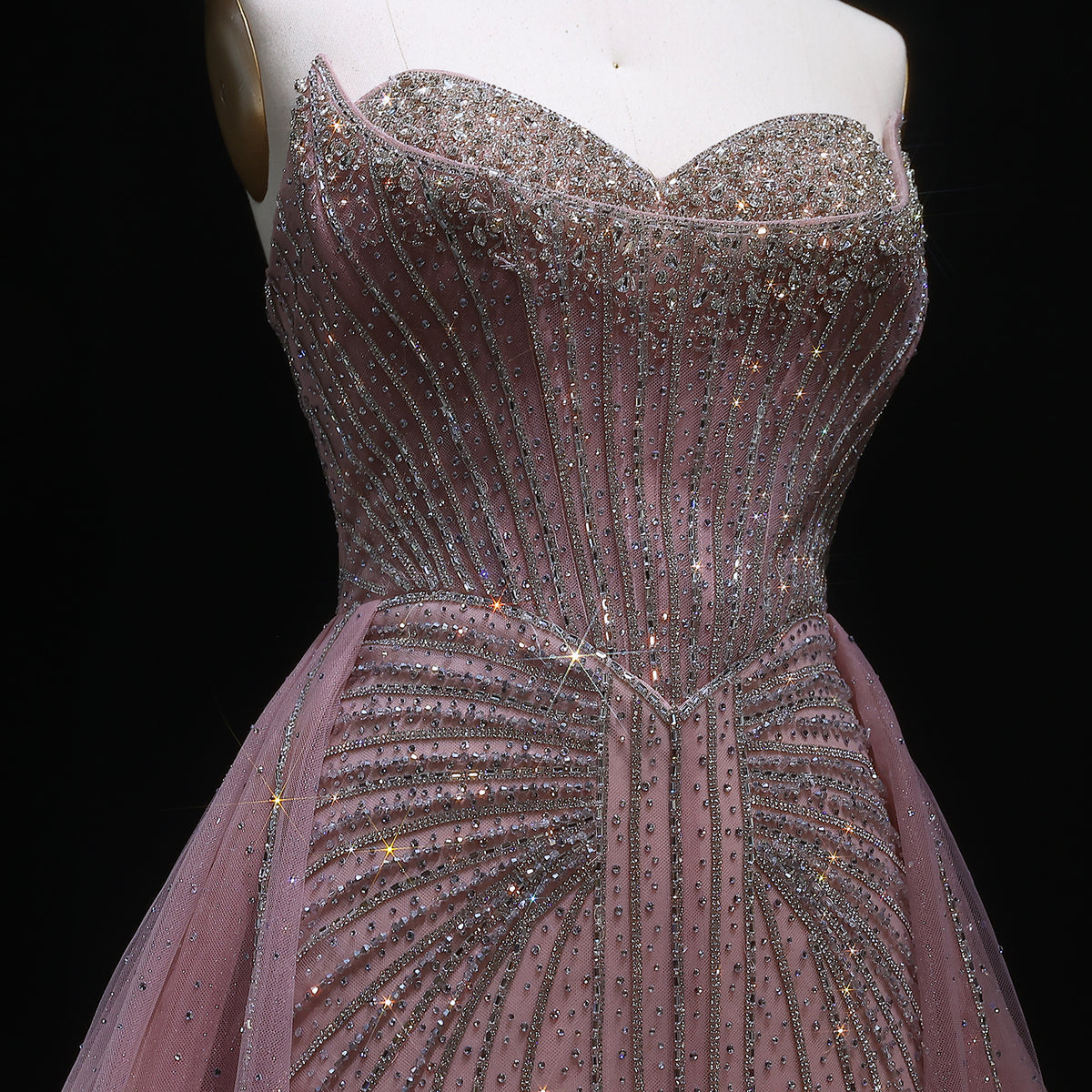 Strapless champagne evening dress with overskirt SS360