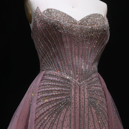 Strapless champagne evening dress with overskirt SS360