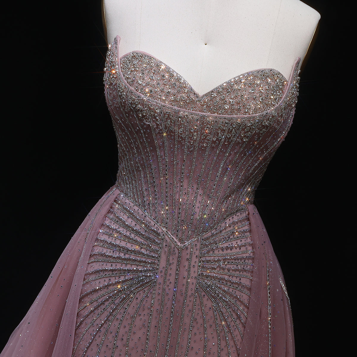 Strapless champagne evening dress with overskirt SS360