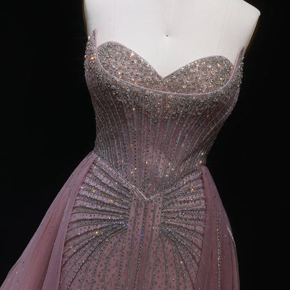 Strapless champagne evening dress with overskirt SS360