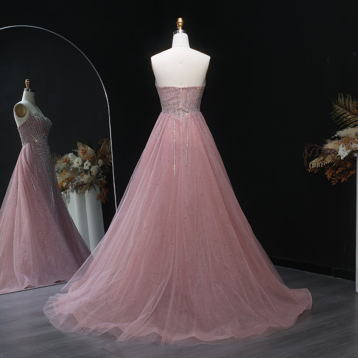 Strapless champagne evening dress with overskirt SS360