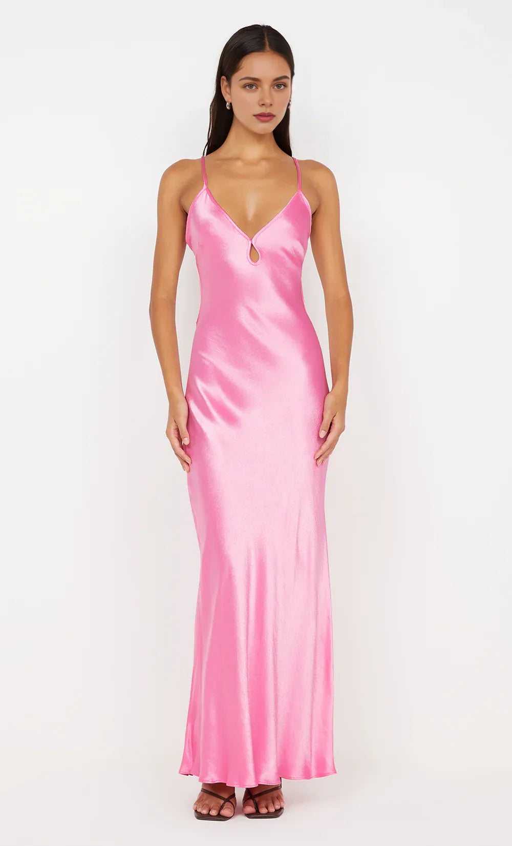 Xuewuba Dress Spaghetti Straps V Neck Sleeveless Evening Dress Pink Prom Dress Sheath Open Back Maxi Dress