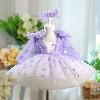 V-Neck Long Sleeve Tulle Flower Girl Dress with Bow D059