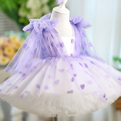 V-Neck Long Sleeve Tulle Flower Girl Dress with Bow D059
