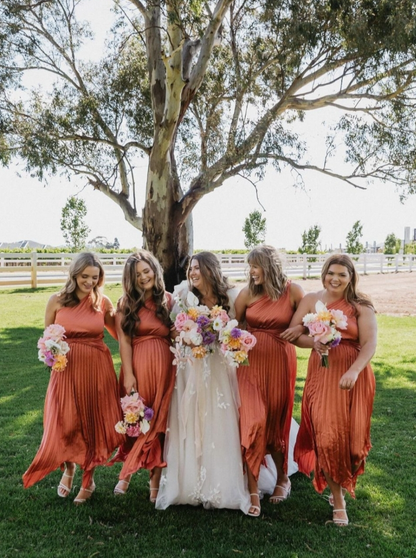 Elegant A Line One Shoulder Pleated Orange Satin Bridesmaid Dress Evening Dress SH3057