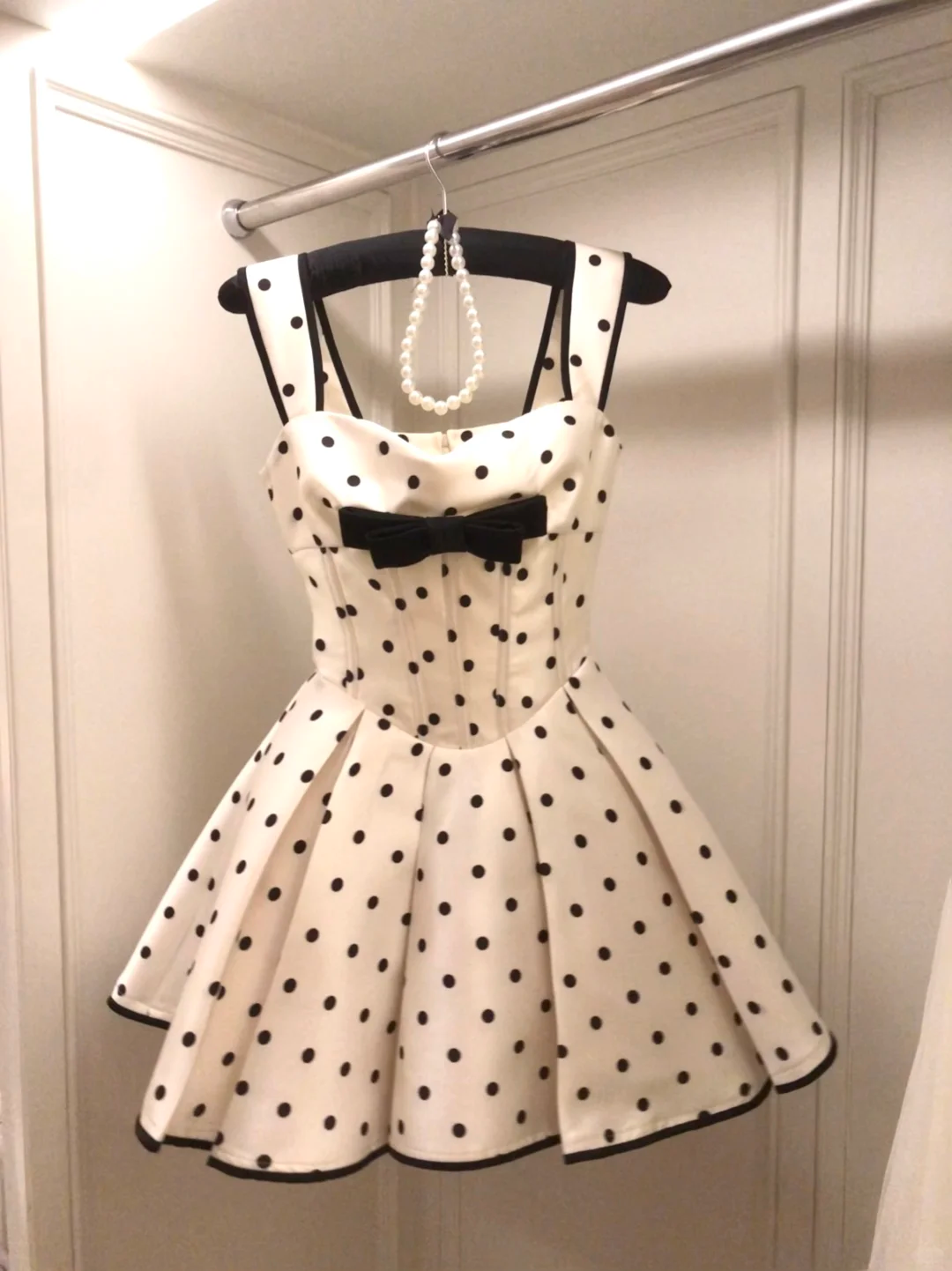 Cute A Line Strap Bow Polka Dot Satin Short Homecoming Dress Cocktail Dress SH3087