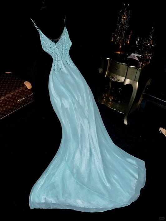 Blue Mermaid V Neck Beaded Chiffon Satin Long Prom Dress Party Dress SH3070