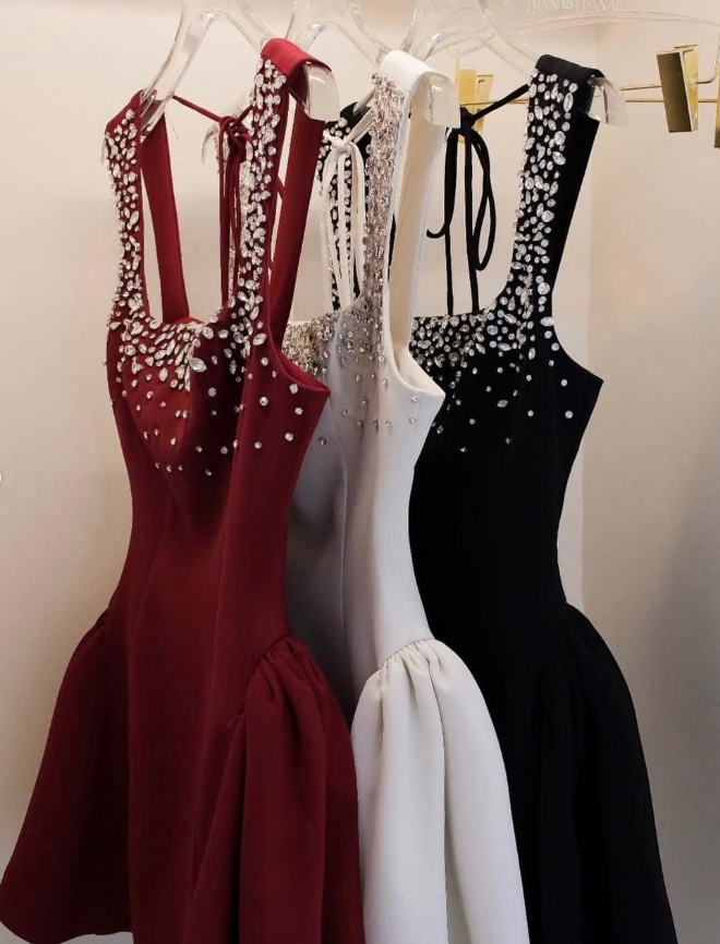 Cute A Line Strap RhineStone Burgundy Satin Short Party Dress Homecoming Dress SH2820