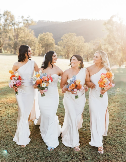 Pretty Sheath One Shoulder Ivory Satin Bridesmaid Dress Evening Dress with Slit SH3205