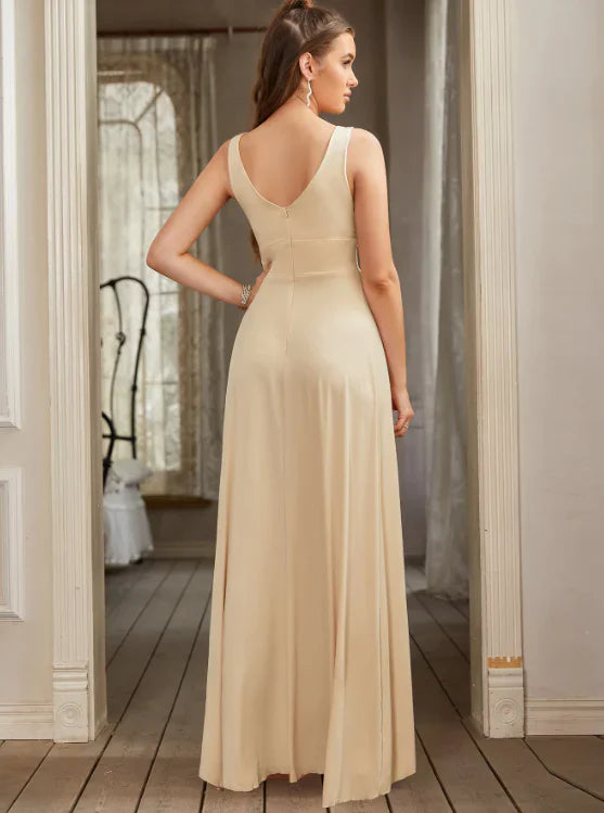Elegant V-neck A-Line Satin High Slit Party Dress Evening Gown Bridesmaid Dress TP4298