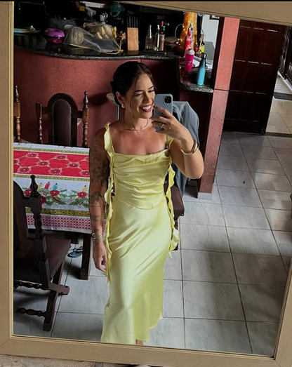 ____Yellow Fashion Elegant Long Slim Fit Ruffle Satin Ball Gown Evening Dress Garden Party Dress Graduation Dress Prom Dress Wedding Guest Party Dress Bridesmaid Dress gh3984