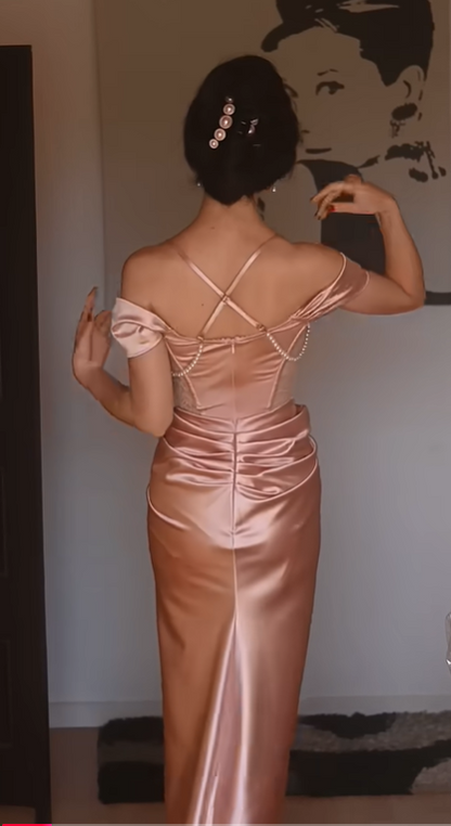 Pink vintage pearl beading long satin formal Prom dress evening dress party dress bridesmaid dresses gh4899