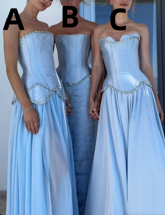 zelldressess-Blue Vintage Elegant Bridesmaid Dress Long Off-the-Shoulder gh5764