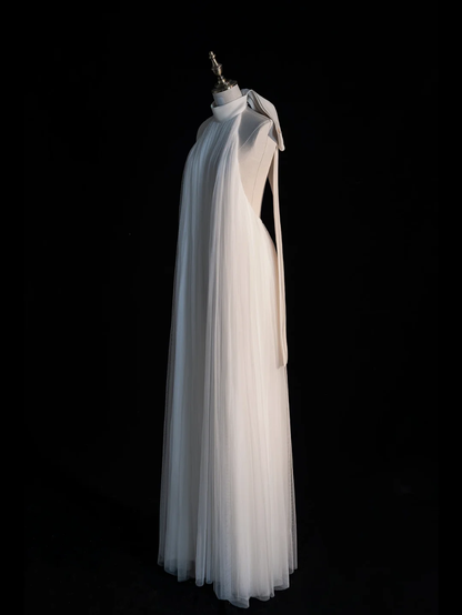 Simple A Line Halter White Tulle Long Open Back Party Dress Evening Dress SH2814