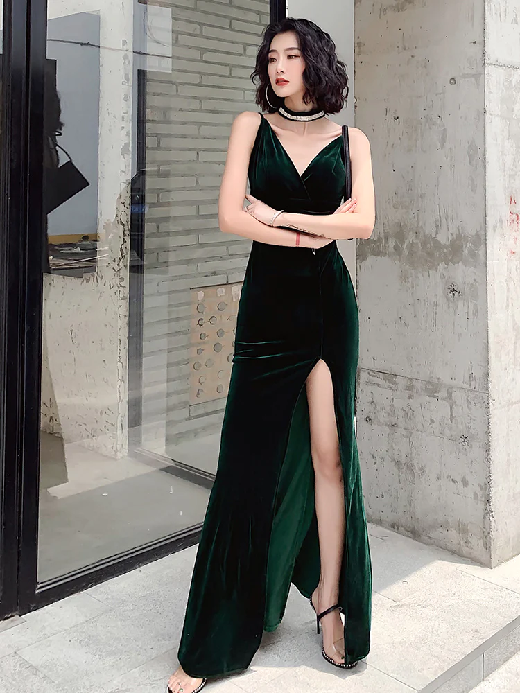 Dark Green Velvet Long Straps Floor Length Party Dress, Green Prom Dress Formal Dress  gh33