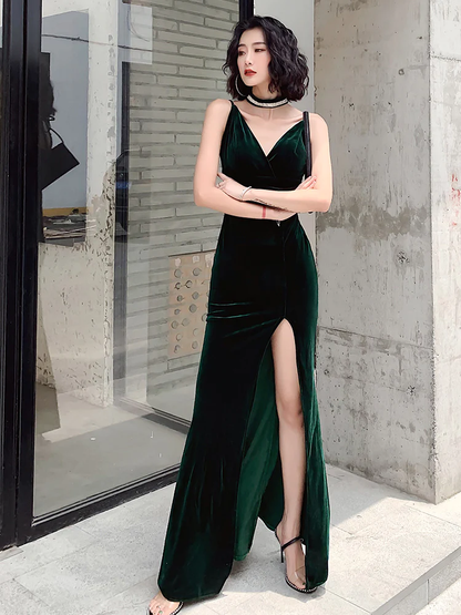 Dark Green Velvet Long Straps Floor Length Party Dress, Green Prom Dress Formal Dress  gh33