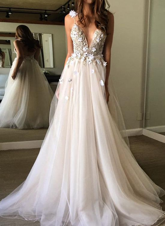 Ivory Tulle V-neck Prom Dresses With Appliques gh1137