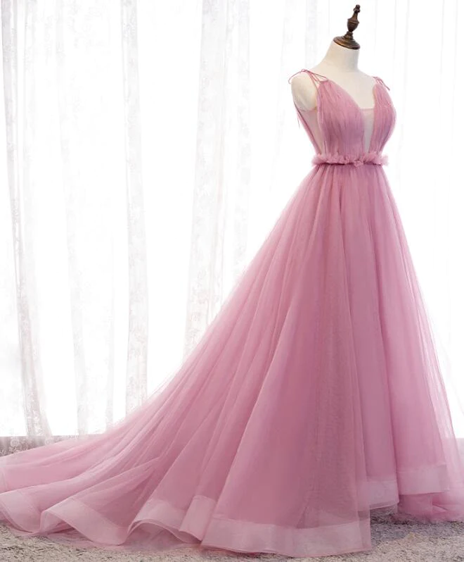 Charming Pink V-Neckline Straps Tulle Long Evening Dress, Pink Prom Dress gh182