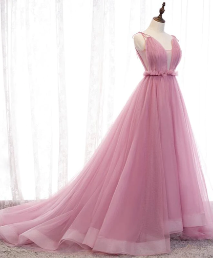 Charming Pink V-Neckline Straps Tulle Long Evening Dress, Pink Prom Dress gh182