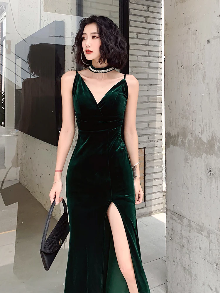 Dark Green Velvet Long Straps Floor Length Party Dress, Green Prom Dress Formal Dress  gh33