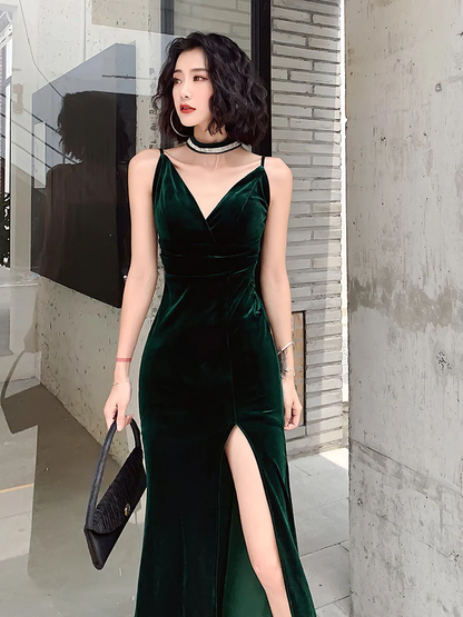 Dark Green Velvet Long Straps Floor Length Party Dress, Green Prom Dress Formal Dress  gh33