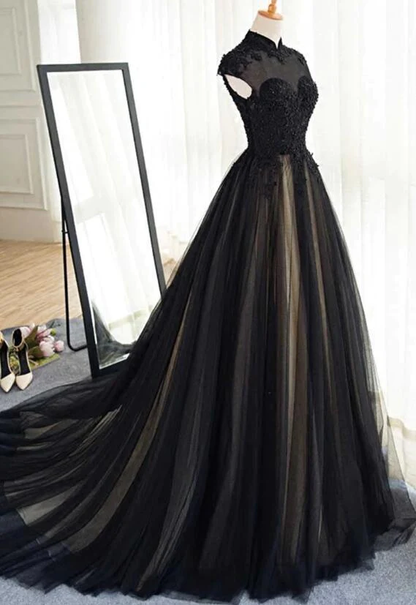 Beautiful Black Prom Dresses High Neck Sweep Train Prom Dress, Black Party Dress  gh437
