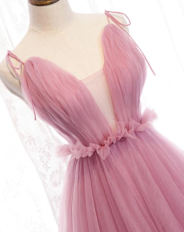 Charming Pink V-Neckline Straps Tulle Long Evening Dress, Pink Prom Dress gh182