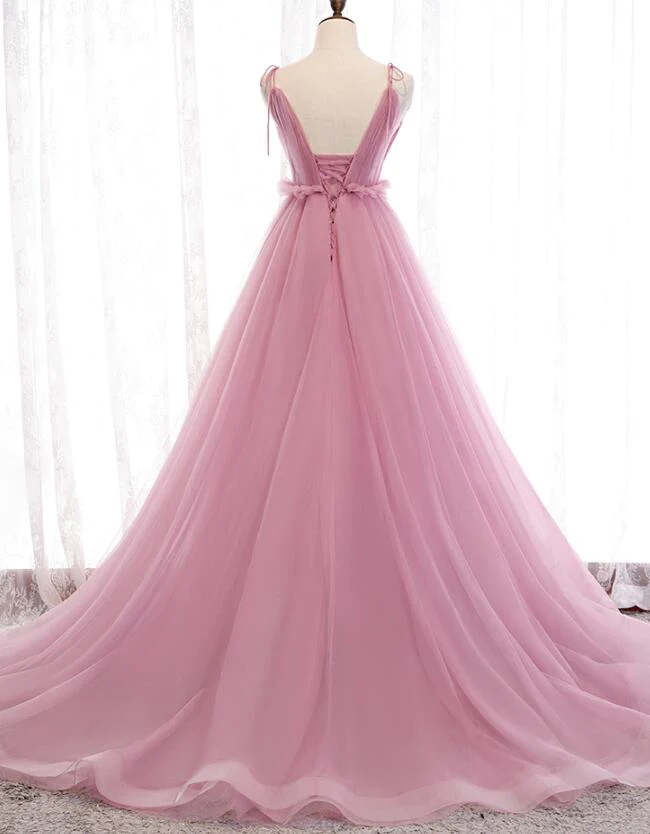 Charming Pink V-Neckline Straps Tulle Long Evening Dress, Pink Prom Dress gh182