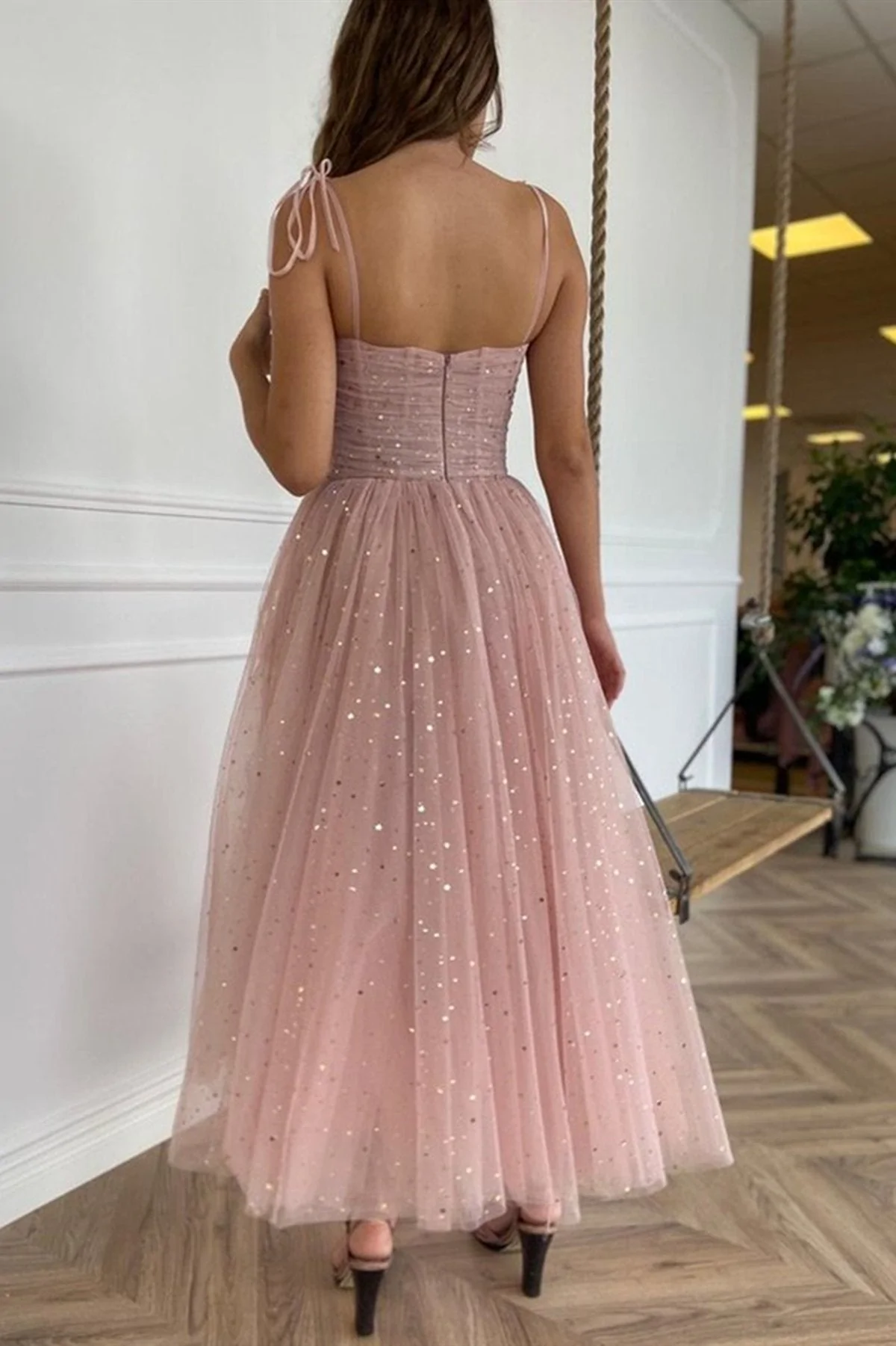 Spaghetti Straps Tea Length Pink Prom Dresses, Tea Length Pink Tulle Formal Homecoming Dresses gh1772
